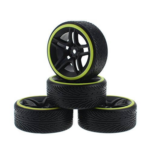 HobbyMarking 4Pcs 1/10 RC Racing Car Hard Tires Tyre and Wheel Rims for RC Tamiya HSP HPI Kyosho On-Road Traxxas Model Car (Green)