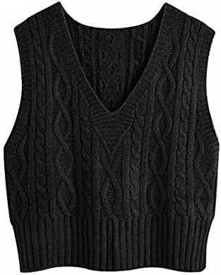 OYOANGLE Women's Cable Knit V Neck Sweater Vest Sleeveless Ribbed