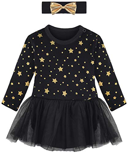 Lilax Baby Girl Newborn Glitter Star Long Sleeve Tutu Bodysuit Romper and Headband