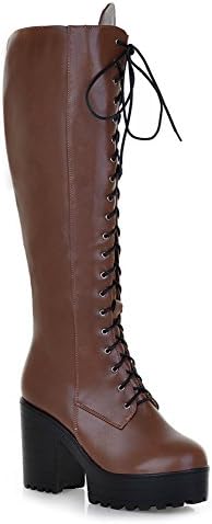 Lucksender Womens Fashion Round Toe Platform High Chunky Heels Knee High Combat Boots