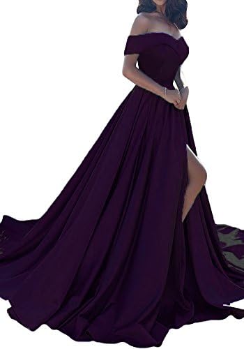 RetailProm Women's Off The Shoulder A Line Long Prom Party Ball Gown Satin With Slit Evening Dresses Grape 8