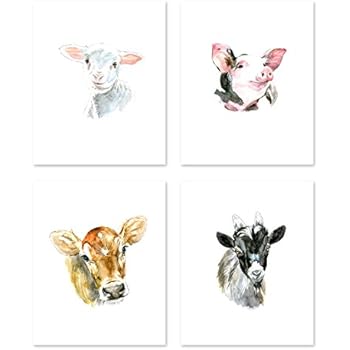 AtoZStudio A22 Farm animal prints - set of 4. Nursery Wall Art Decor Posters - Baby Animals Pig Cow Goat Sheep - Colorful Watercolor Painting (8x10)