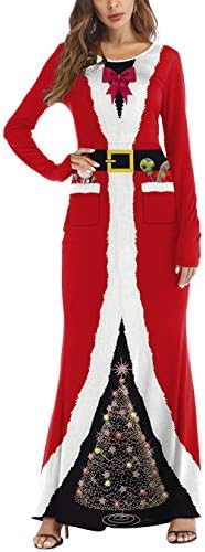 Ninkisann Women's Christmas Maxi Dresses 3D Printed Crewneck Long Sleeve Loose Plain Xmas Casual Long Dresses Costume