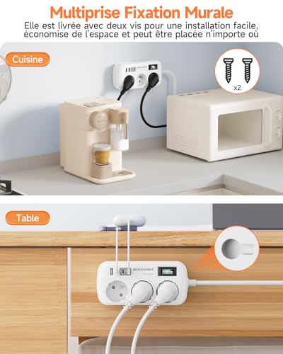 3 M Electric Extension Cord with 4 USB (2 USB-C), 3 Sockets with Switch, Wall Mount Surge Arrester for Home Office, White 16A/4000W