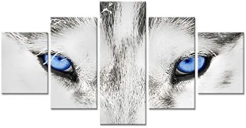 Hello Artwork Large 5 Pieces Canvas Wall Art Black Grey Wolf Dog Blue Eyes Poster Animal Face Head Series Abstract Picture Painting Home Decor Ready to Hang