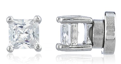 New & Improved! Silvertone with Clear Cz Square Magnetic Stud Earrings - 4mm to 12mm Available (4 Millimeters) (E-1512)