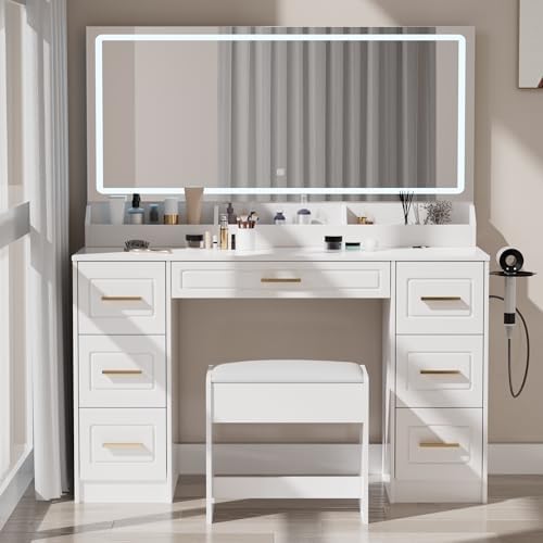 Photo 1 of *** PARTIAL SET - NO MIRROR *** Vanity Desk with Mirror and LED Lights, 43'' W Makeup Vanity Desk with Power Outlet, 3 Color Modes, 7 Drawers Vanity Table with Chair, Dressing Table for Bedroom, Dressing Room