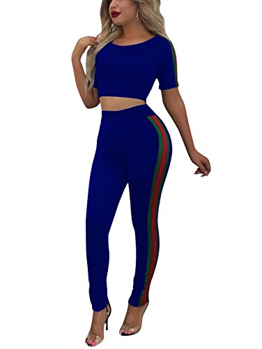 Mojessy Women's Activewear 2 Piece Outfits Short Sleeve Crop Top+Long Pants Set Tracksuits Jumpsuits - Thumbnail 3