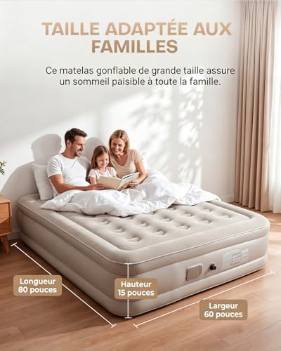 Double Inflatable Mattress 203 x 152 x 40 cm, 40 Air Chambers, Soft Flocked Surface, Maximum Load 300 kg, Inflatable Mattress with Carry Bag and 2 Pillows, Ideal for Guests at Home, Camping, Khaki
