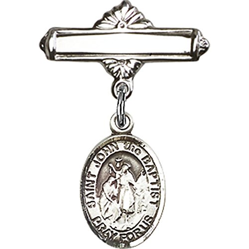Sterling Silver Baby Badge with St. John the Baptist Charm and Polished Badge Pin 1 X 5/8 inches