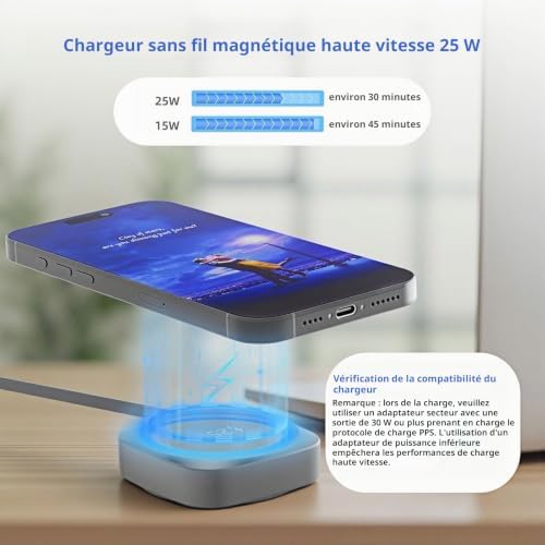 Chargeur sans Fil Magnétique 25W avec Câble USB-C rétractable, Charge Rapide Qi2.2 25W pour iPhone 17/16/15/14/13/12,Airpods Pro etc, Chargeur Induction Voyage pour Samsung Galaxy Google Pixel,Gris