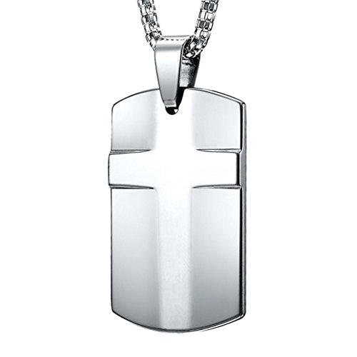 Mens Cross Tungsten Dog Tag Pendant Steel Necklace Chain