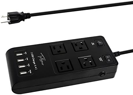 TOSSOW 2500W 4 AC Outlet Right-Angle Flat Plug Power Strip Surge Protector (MAX 3500J) Fast Charger Station with 4 Smart 5V/2.4A USB Charging Port 6 Feet Extension Lead Long Cord, Black
