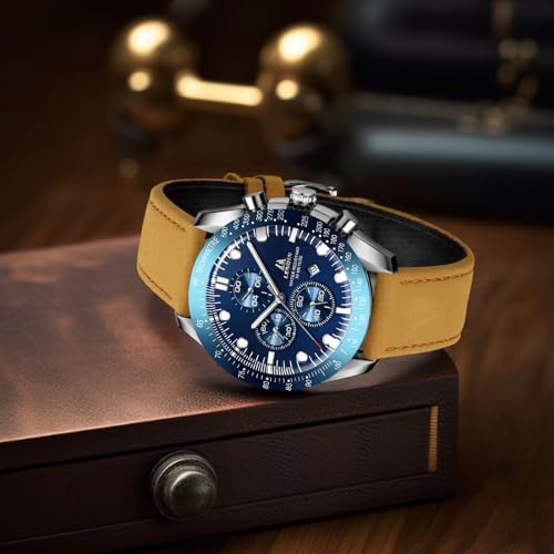 LN LENQIN Mens Watches Leather Watch Analog Quartz Watches for Men 30M Waterproof Men's Wrist Watches Luminous Luxury Fashion Business Casual Watch with Date (Brown Blue)