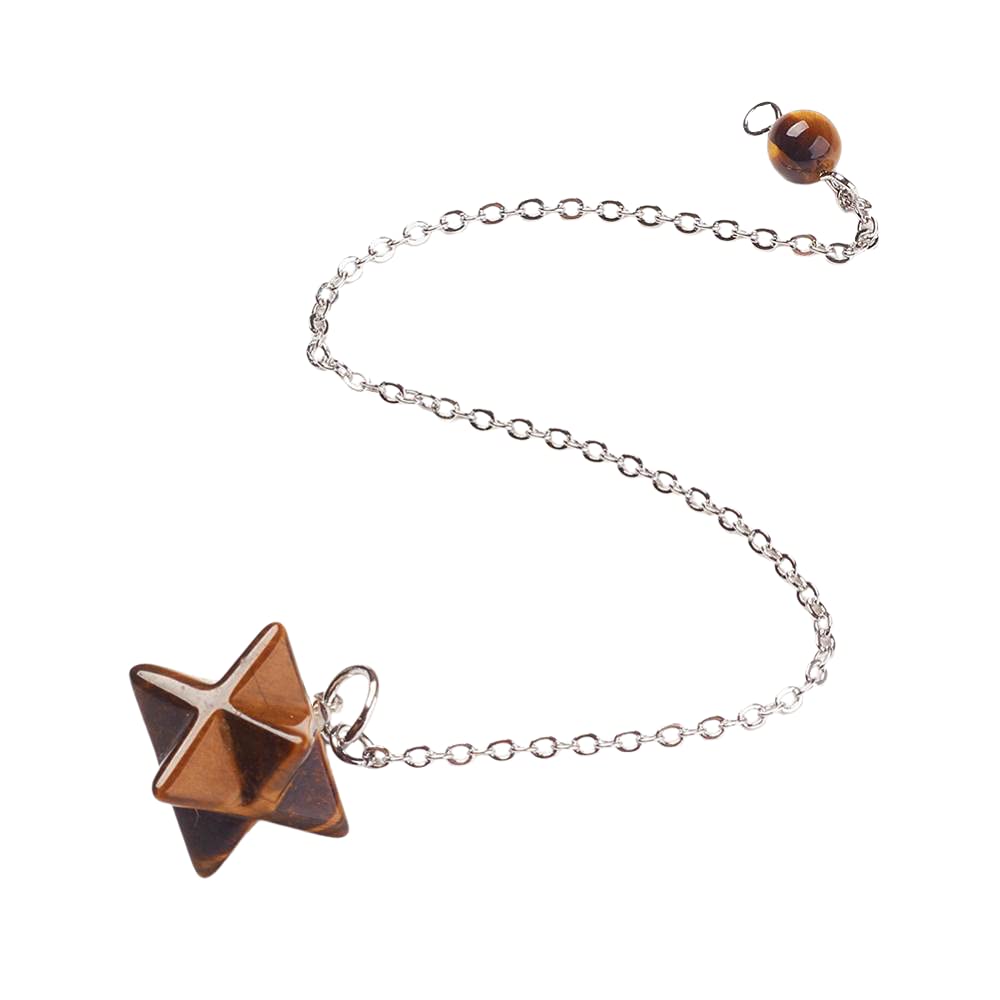 VIE Naturals Chakra Jewelry, Merkaba Star Pendulum, Tiger Eye with Brass Chains
