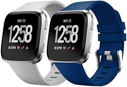 KisFace Fitbit Versa Replacement Silicone Bands, Fitbit Accessories Wristbands Pure Color Series Strap for Fitbit Versa(2 pack),Grey+Blue