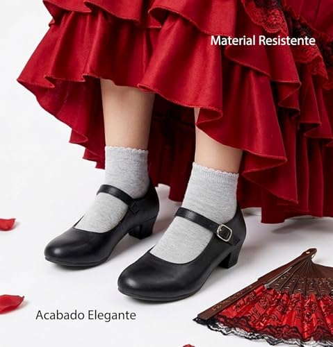 Flamenco Shoes for Girls Dance Dance Sevillanas with Adjustable Strap Heel, Non-Slip Sole