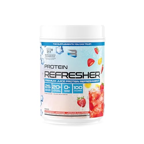 Believe Supplements Protein Refresher (25 servings) - Revolutionary Juice-Type Whey Protein Powder Alternative for Fitness, Bodybuilding, Gym, or for bigger protein intake - Enjoy with Ice or Chilled Water for Superior Taste (25 servings, Strawberry Lemonade)