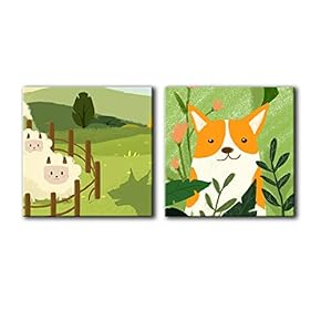 Square Canvas Wall Art of Herd of Sheep and Fox on Farmland Children Painting | 12"x12" x 2 Panels