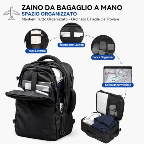 ANNMOR Travel Backpack, 24L Cabin Backpack 40x30x20 Ryanair Compliant, Expandable up to 30L for 15.6" Laptop and USB Port, Ideal for Short Trips and Weekends - Black