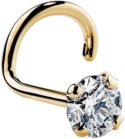 KIMANA Women Nose Bone Ring Stud 3mm 1/10 Ct Diamond 14K Yellow Gold Twist Screw Nose Ring 20G