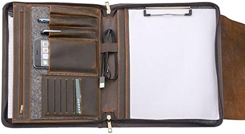 Wool Felt Crazy Horse Leather Organizer Portfolio for A4 Notepad and Tablet Device (up to 12.9 inch iPad Pro),Dark Brown