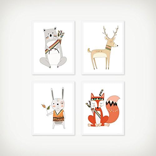 Woodland Tribal Art Print Set of 4 - Children's Wall Art - Nursery Art - Woodland Decor