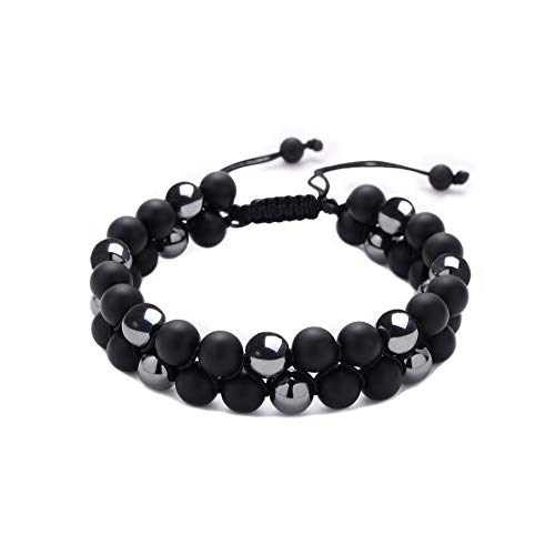 Mens Bracelet 2 Layer 8mm Stone Bead Bracelet Men Fashion Jewelry Handmade Adjustable Size (Matte Black Onyx & Hematite)