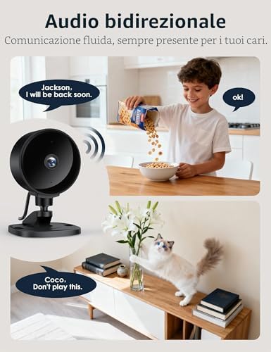 Telecamera Wi-Fi Interno, 1080P FHD Videocamera Sorveglianza per Neonati/Animali con Rilevamento Movimento e Sonoro AI, Visione Notturna, Audio Bidirezionale, Alexa e Google Home, 4-pack