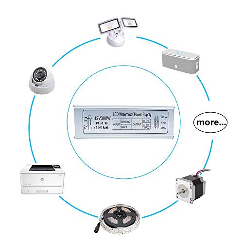 inShareplus LED Driver, 300W IP67 Waterproof Outdoor Power Supply,AC 90-265V to DC 12V 25A Low Voltage Transformer, Adapter with 3-Prong Plug for LED Light, Computer Project, Outdoor Use - Thumbnail 6
