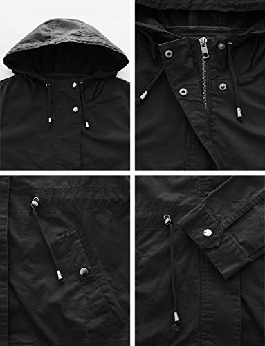 LE3NO Womens Lightweight Solid Anorak Hoodie Jacket with Drawstring Waist, Black, Small - Thumbnail 5