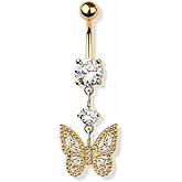 Pierced Owl 14GA 316L Stainless Steel CZ Crystal Butterfly Dangling Belly Button Ring
