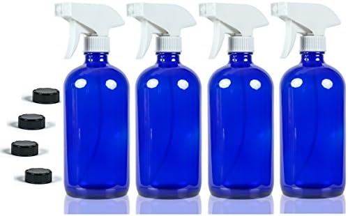 16 oz Glass Spray Bottles - NatureO Empty COBALT BLUE Spray Bottles with Trigger Sprayer and Cap - Sprays Stream or Mist - 4 pack