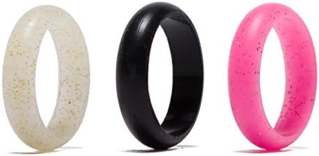 Camknn Women's Silicone Wedding Ring Bands -5mm Wide(2mm Thick)- 3 Pack for Women Glitter Flexible Comfort Sport Safety Ring (Beige Black Red, 6)