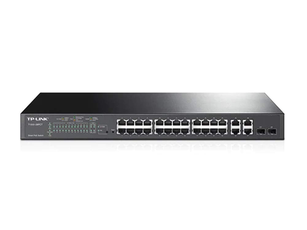 TP-Link T1500-28PCT (TL-SL2428P) 24-Port 10/100 Mbps + 4-Port Gigabit Smart Managed PoE+ Switch with 2 Combo Gigabit SFP Slots (Supports Fast 24 PoE+ Ports, 192 W Budget, Rackmount)