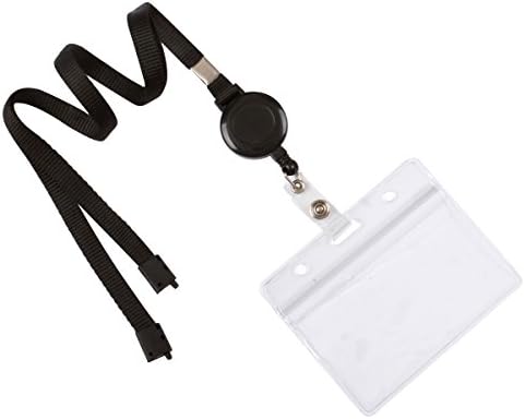 Lovely Lanyards Neck Lanyard with Retractable Reel, Breakaway Clasp and Clear Plastic Horizontal ID Badge Holder, Pack of 10, Black