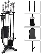 Amagabeli 5 Pc Wrought Iron Fireside Tool Set with Stand - Poker, Brush,