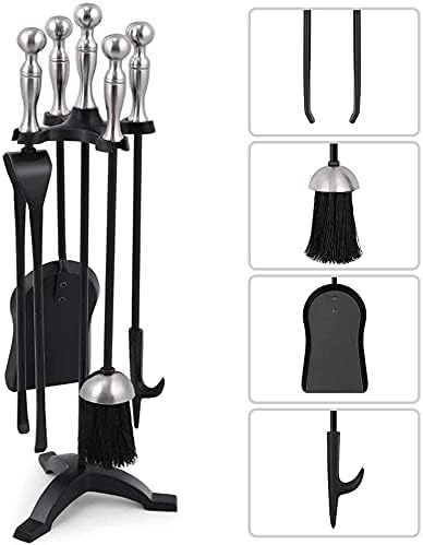 Amagabeli 5 Pc Wrought Iron Fireside Tool Set with Stand - Poker, Brush,