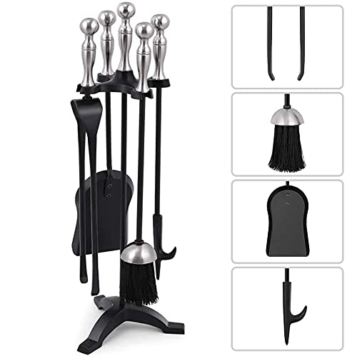 Amagabeli 5 Pieces Fireside Companion Set Wrought Iron Fireplace Wood Burner Accessories Tools Sets Indoor Fire Poker Brush Shovel Tongs Silver Handle with Stand