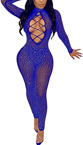 Fadvanes Women Shiny Rhinestone Mesh Hollow Out Jumpsuits See Through Long Sleeve One Piece Rompers Clubwear