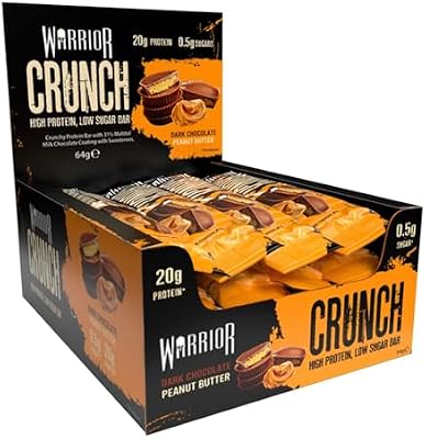 Barritas ricas en proteínas Warrior Crunch 20 g - Barritas bajas en azúcar/carbohidratos - Pack de 12 x 64 g - Consumir en el desayuno, después del entrenamiento (Chocolate negro y cacahuete)