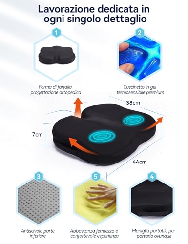 Travel Ease Ergonomic Chair Cushion, Memory Foam and Premium Gel Cushion with Non-Slip Base for Long Comfort, Hip Support Cushion for Office Chair, Car Seat (Black)