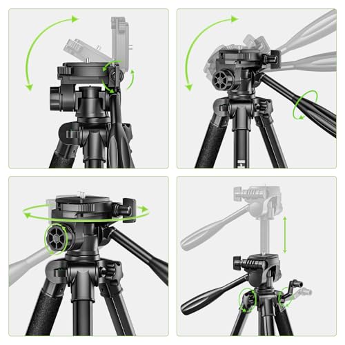 Huepar 146 cm Lightweight Portable Tripod for Laser, Adjustable Construction Tripod with 3-Way Swivel Head, Spirit Levels, 1/4 Inch and 5/8 Inch Thread Connection for Various Tools