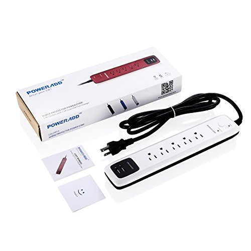POWERADD Wall Mountable 5-Outlet Surge Protector Power Strip 6ft Cord with Dual Smart USB Ports for Home Office Dorm