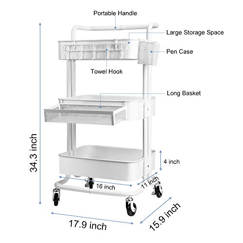 image for KEDSUM 3-Tier Metal Rolling Utility Cart with 3-Piece Accessory Pack -