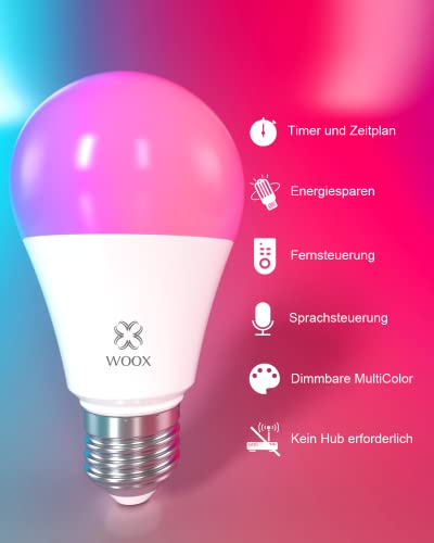 Smart Lampe WOOX Alexa Glühbirne E27, Wlan Smart Lampe mit App, 10W Warmweiß Kaltweiß Lampe, RGB Leuchtmittel, Mehrfarbige Dimmbare Glühbirne,Sprachsteuerung mit Alexa, 2 Stück