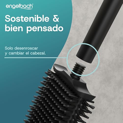 Engelbach® Silicone Toilet Brush with Stainless Steel Handle and Holder – Antibacterial Wall Mounted Toilet Brush without Drill – Toilet Brush with Replacement Head – White
