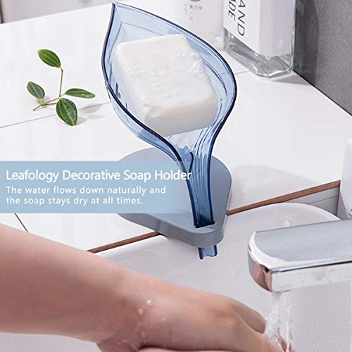 Soap Dish Holder Leaf Shape - Decorative Drainage Soap Box, Durable Plastic Soap Case, Anti Slip Soap Saver Tray with Suction Cup for Bathroom Kitchen (Not Punched)