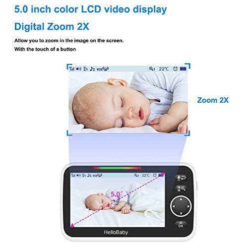 HelloBaby 5\'\' Video Baby Monitor with Camera and Audio, Color LCD Screen, Infrared Night Vision Camera, Temperature Display, Lullaby, Two Way Audio and VOX Mode, HB50