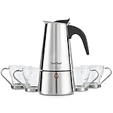 VonShef Stovetop Espresso Coffee Maker with 4 Glass Demitasse Cups, Stainless Steel, 6 Cup